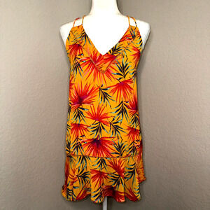 Xhilaration Mini Dress Women's Small Orange Tropical Leaves V-Neck Resort Wear